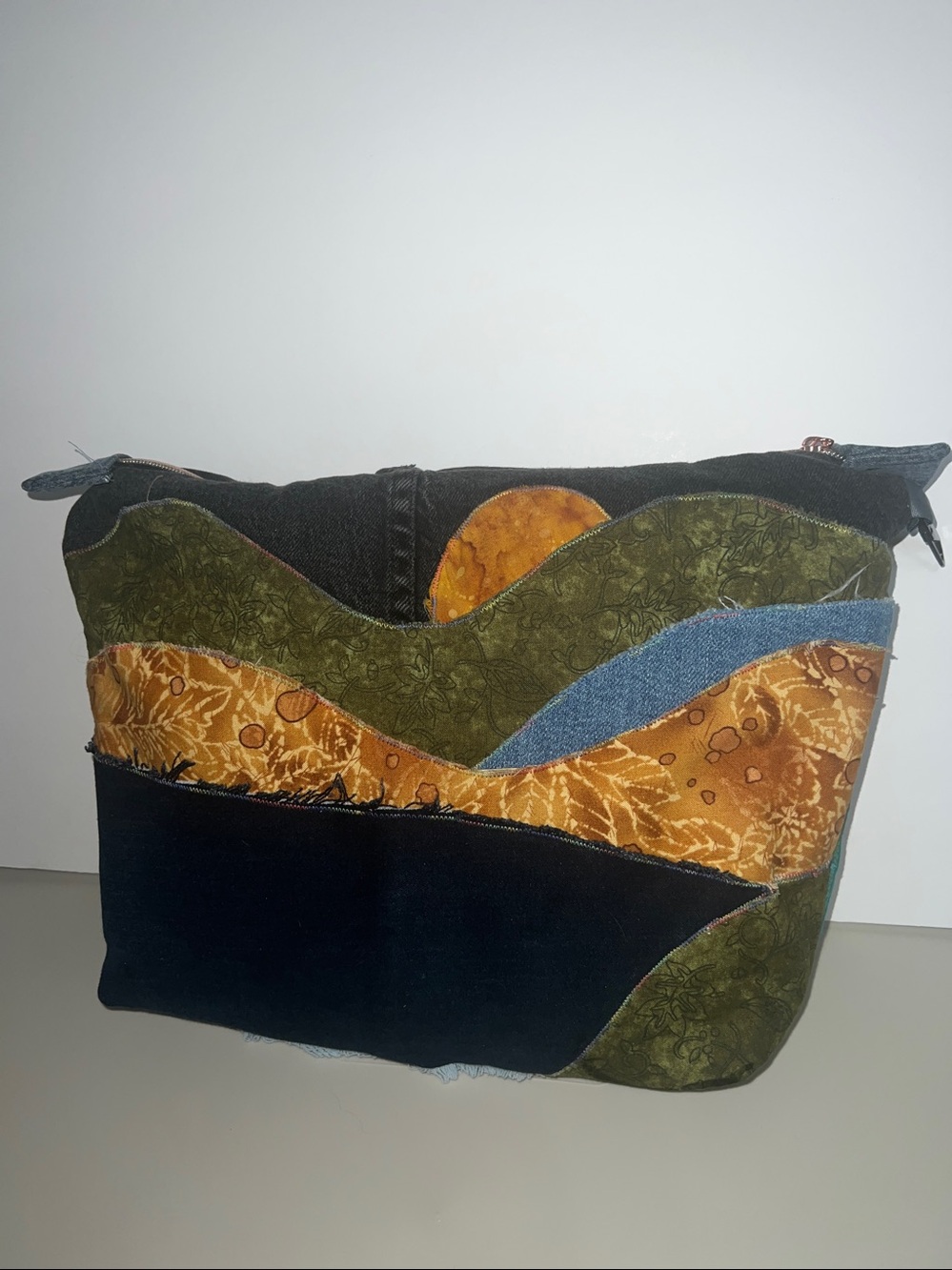 Hand Crafted Patchwork Cosmetic Bag - Blue, Orange & Olive repurposed jean bag